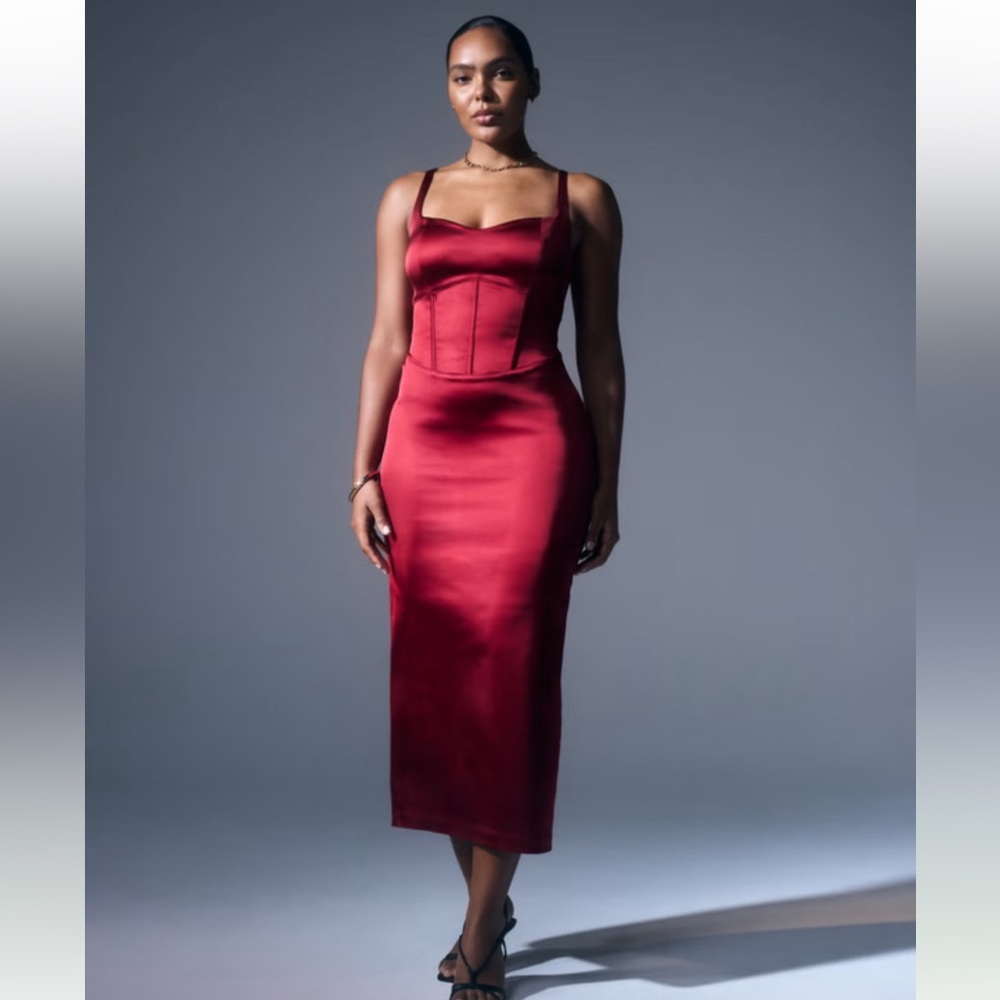 Abercrombie & Fitch Corset Satin Midi Dress Ruby Red Sleeveless Sweetheart Sz S